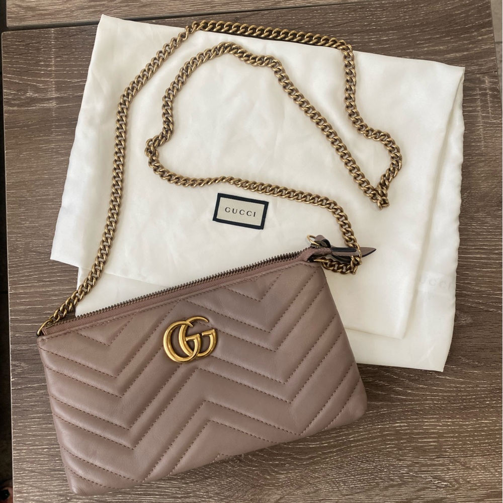 Gucci GG Marmont 2.0 Leather Wallet on a Chain- Tan